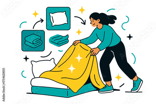 Glowing Bedroom Comforts. Bedroom styling. A character arranging glowing duvets in a corner, with pillows and