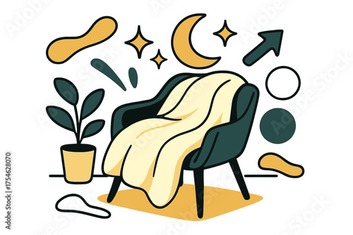 Stylish Nocturnal Elegance. Minimalist interior. A glowing duvet draped in a stylish corner chair with