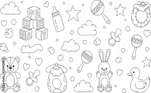 Baby Essentials: A delightful collection of baby-themed illustrations, perfect for various creative projects. From teddy bears to pacifiers, it's an ideal design resource for baby-related themes. 
