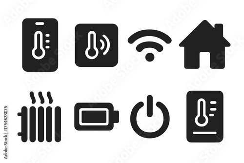 Smart Heating Icons. Smart heating. Filled icon set of Smart heating: smartphone, thermostat, Wi-Fi, house,