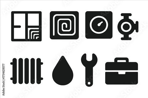 Underfloor Heating Icons. Underfloor heating layout. Filled icon set of Underfloor heating layout: floor plan,