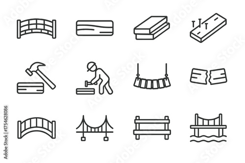 Wooden Bridge Icons. Wooden bridge slat. Line outline icon set of Wooden bridge slat: wooden bridge, single