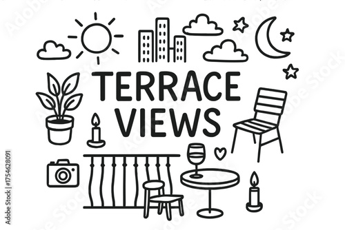 Terrace Views Doodle. Terrace Views. Hand-drawn doodle illustration of Terrace Views. balcony railing, potted