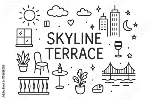Skyline Terrace Doodle. Skyline Terrace. Hand-drawn doodle illustration of Skyline Terrace. balcony railing,