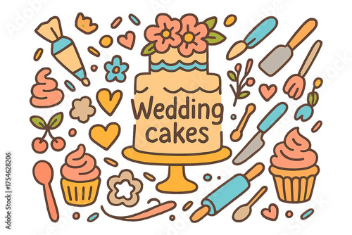 Colorful Wedding Cake Doodles. Wedding cakes. Hand-drawn doodle illustration of Wedding cakes. Tiered cake,