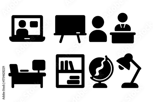 Virtual Classroom Icons. Virtual classroom background. Filled icon set of Virtual classroom background: laptop