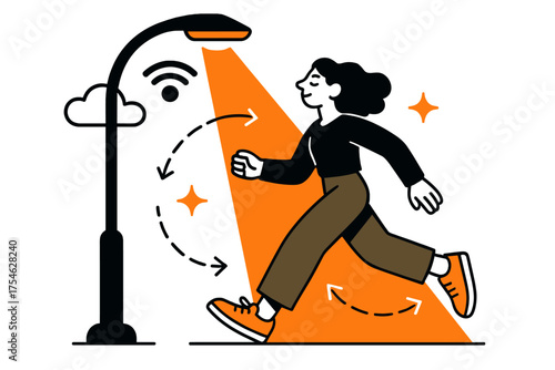 Smart Streetlight Scene. Dynamic streetlights. A glowing smart streetlight adjusting its beam as a character