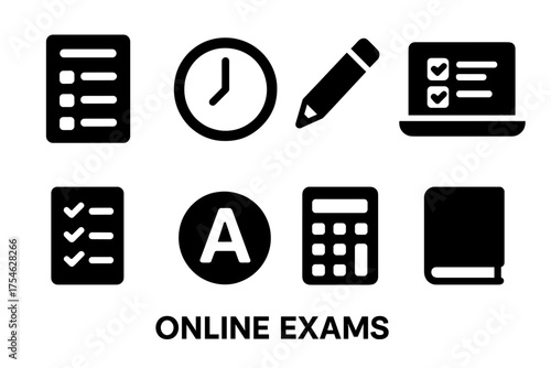 Online Exam Icons. Online exams. Filled icon set of Online exams: test paper, clock, pencil, laptop, checklist