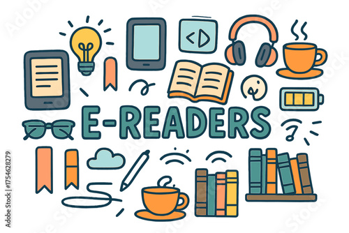 E-Reader Doodle Art. E-readers. Hand-drawn doodle illustration of E-readers. E-reader device, open book,