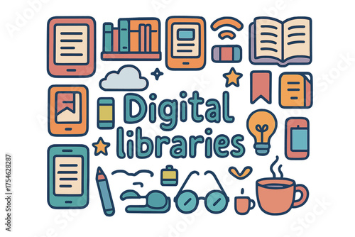 Digital Library Doodles. Digital libraries. Hand-drawn doodle illustration of Digital libraries. E-reader,