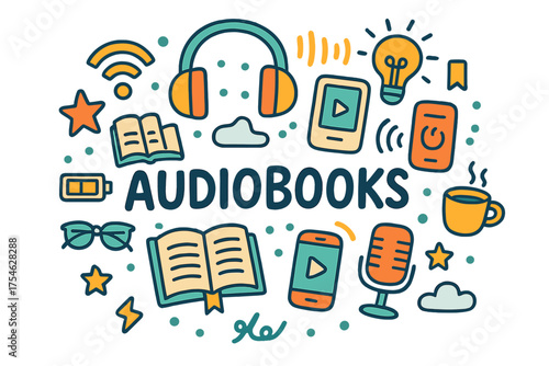 Colorful Audiobook Doodle. Audiobooks. Hand-drawn doodle illustration of Audiobooks. Headphones, e-reader