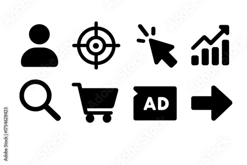 Behavioral Targeting Icons. Behavioral Targeting. Filled icon set of Behavioral Targeting: user profile,