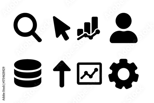 Data Tracking Icons. Data Tracking. Filled icon set of Data Tracking: magnifying glass, cursor, chart, profile