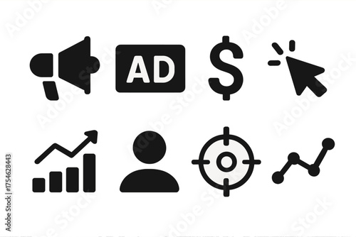Ad Campaigns Icons. Ad Campaigns. Filled icon set of Ad Campaigns: megaphone, ad banner, dollar sign, cursor,