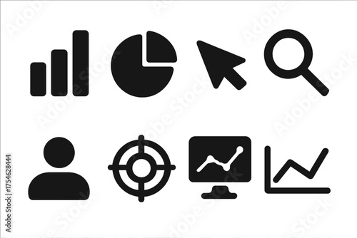 Marketing Analytics Icons. Marketing Analytics. Filled icon set of Marketing Analytics: bar chart, pie chart,