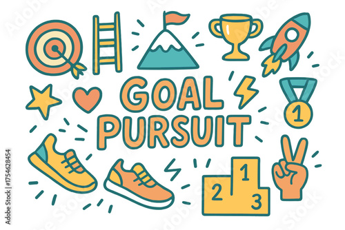 Vivid Goal Pursuit. Goal Pursuit. Hand-drawn doodle illustration of Goal Pursuit. target, ladder, mountain,