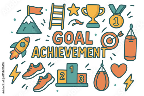 Goal Achievement Doodle. Goal Achievement. Hand-drawn doodle illustration of Goal Achievement. mountain,
