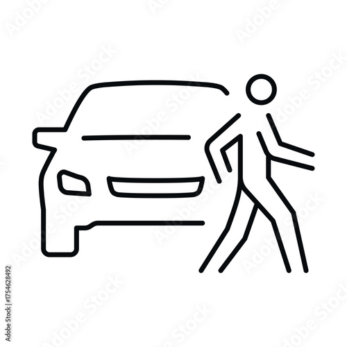 Crosswalk icon illustrating pedestrian movement near a vehicle in a traffic setting