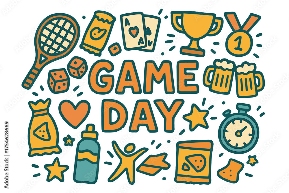 Obraz premium Game Day Doodles. Game Day. Hand-drawn doodle illustration of Game Day. tennis racket, tennis ball, cards,