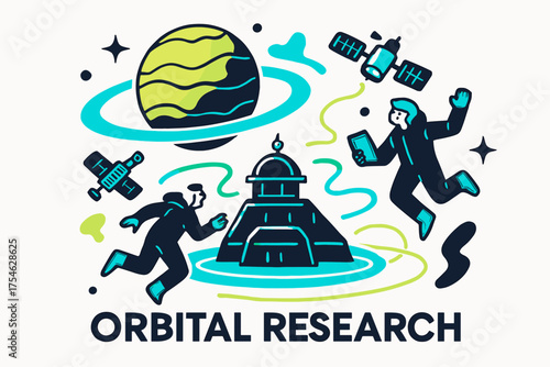 Venus Orbital Station. Venus exploration. Abstract glowing orbital station around Venus with orbiting