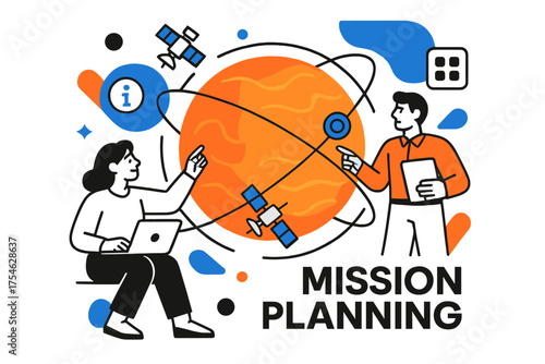 Venus Exploration Map. Venus exploration. Abstract glowing Venus map with orbiting mission paths, satellites,