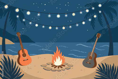 A beach bonfire scene with guitars and string lights at night.