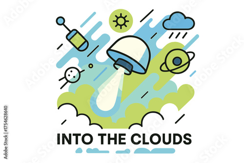 Venus Exploration Art. Venus exploration. Abstract glowing probe descending through Venusian clouds, floating