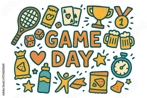 Game Day Doodles. Game Day. Hand-drawn doodle illustration of Game Day. tennis racket, tennis ball, cards,