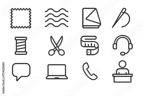 Fabric and Tech Icons. Moiré Fabric and Customer Support Solutions. Line outline icon set of Moiré Fabric and