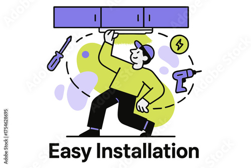Easy LED Installation. Under-cabinet light. Character installing glowing LED light under cabinet with orbiting