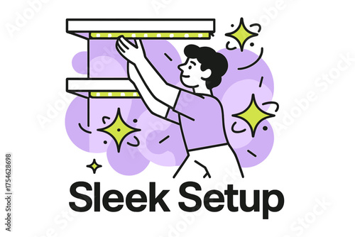 LED Installation Sparks. Under-cabinet light. Character installing glowing LED strips under shelves with