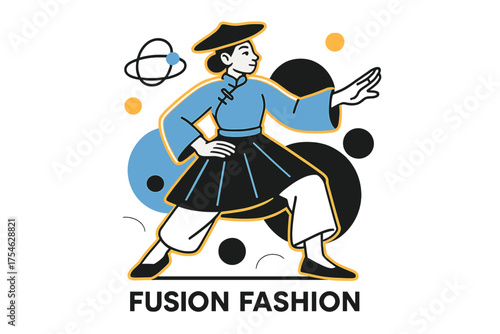 Fusion Fashion Illustration. Cultural influences in fashion. Character modeling glowing fusion outfit blending