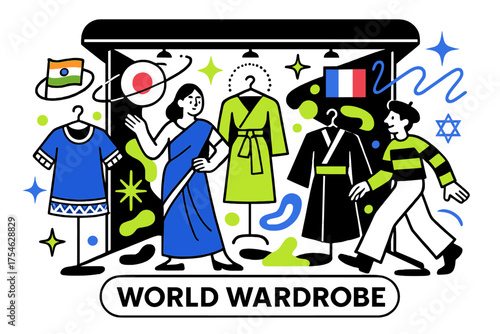 Globally Inspired Fashion. Cultural influences in fashion. Abstract glowing boutique displaying international