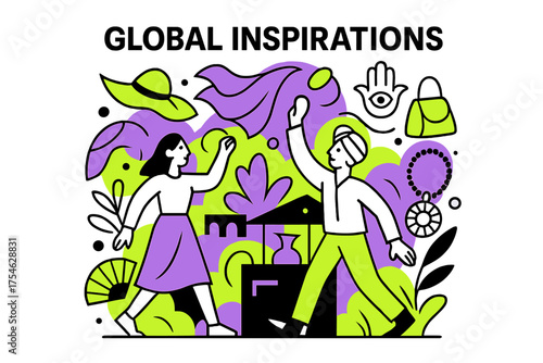 Global Fashion Fusion. Cultural influences in fashion. Abstract glowing market scene with floating orbiting