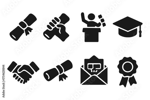 Diploma Icon Set. Awarding Diplomas. Filled icon set of Awarding Diplomas: diploma, hand, podium, handshake,