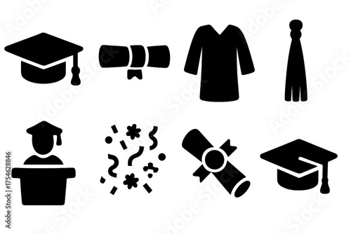 Graduation Icon Set. College Graduation Ceremonies. Filled icon set of College Graduation Ceremonies and