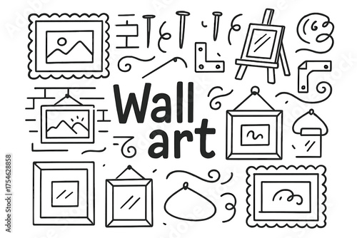 Wall Art Doodle. Wall art. Hand-drawn doodle illustration of Wall art. Picture frame, photo, wall, nail, hook,