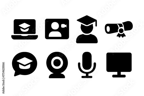 Virtual Graduation Icons. Virtual Graduation. Filled icon set of Virtual Graduation: laptop, video call,