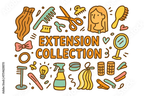 Doodle Hair Tools. Extension Collection. Hand-drawn doodle illustration of Extension Collection. hair strands,