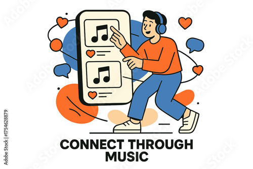 Music Meets Social Media. Music and social media. Character interacting with glowing social media feed with