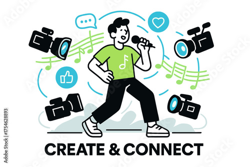 Music Video Magic. Music and social media. Character recording glowing music video with floating cameras, neon