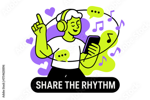 Share the Rhythm. Music and social media. Abstract glowing influencer sharing music on smartphone with