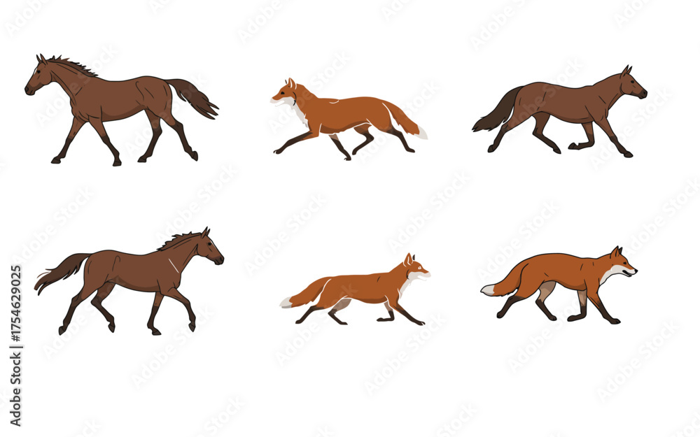 Obraz premium Running Horses and Foxes Illustration animal mammal wildlife nature drawing clipart vector isolated white background equine canine