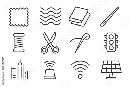 Smart City Icon Set. Moiré Fabric and Smart City Technologies. Line outline icon set of Moiré Fabric and Smart
