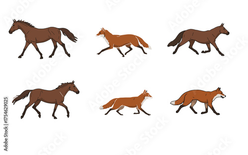 Running Horses and Foxes Illustration animal mammal wildlife nature drawing clipart vector isolated white background equine canine