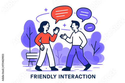 Abstract Park Dialogue. Small talk. Abstract glowing park scene with floating orbiting conversation bubbles