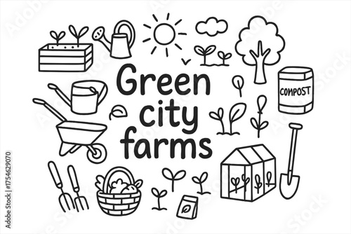 Green City Farms Doodle. Green city farms. Hand-drawn doodle illustration of Green city farms. Raised garden