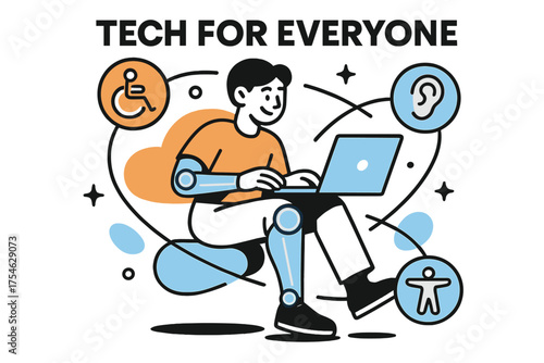 Accessible Remote Work. Inclusive remote work opportunities. Character using glowing assistive devices while