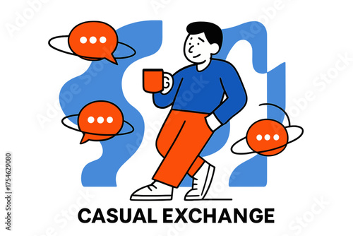 Abstract Chat Scene. Small talk. Character leaning against glowing abstract wall with floating orbiting chat