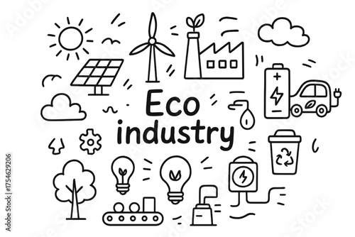 Doodle Eco Industry. Eco industry. Hand-drawn doodle illustration of Eco industry. Solar panel, wind turbine,